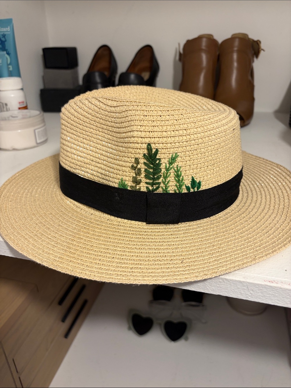 Wide-Brim Straw Sun Hat with Black Band - custom embroidery